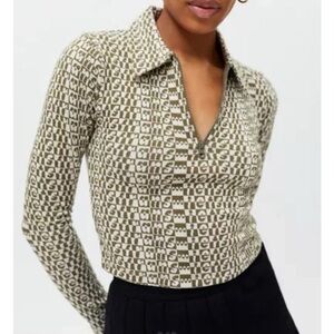 Urban outfitters Iets frans green and cream Patterned crop Zip-Up Sweater size S